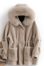 Hooded Shearling and Fox Fur Coat with Cinched Waist