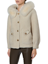 Women’s Shearling and Fox Fur Hooded Jacket with Gold Button Detail