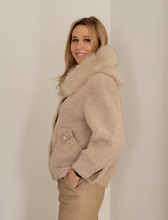 Women’s Shearling and Fox Fur Hooded Jacket with Gold Button Detail