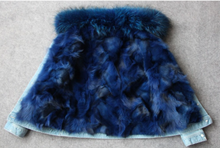 Distressed Denim Jacket with Royal Blue Fur Lining and Collar