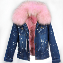 Distressed Dark Denim Jacket with Light Pink Fur Lining and Collar