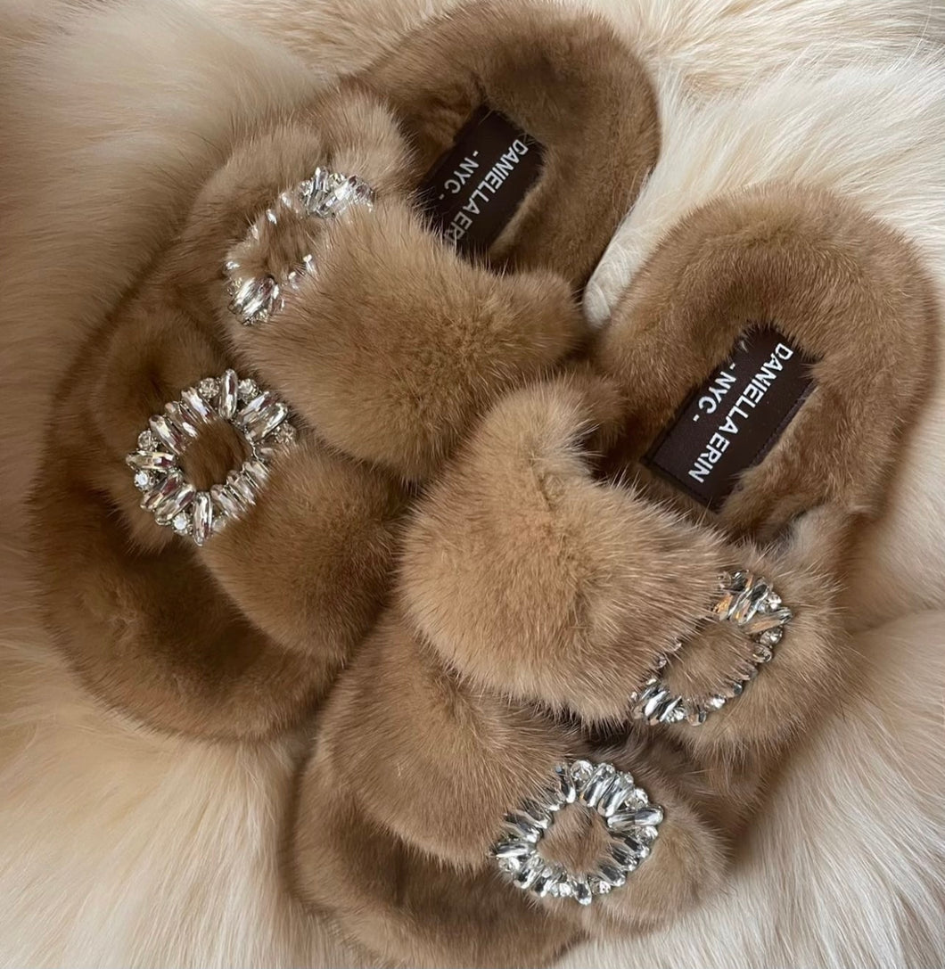 Genuine Mink Slides with Crystal Buckles 100% Real Mink Fur Slippers
