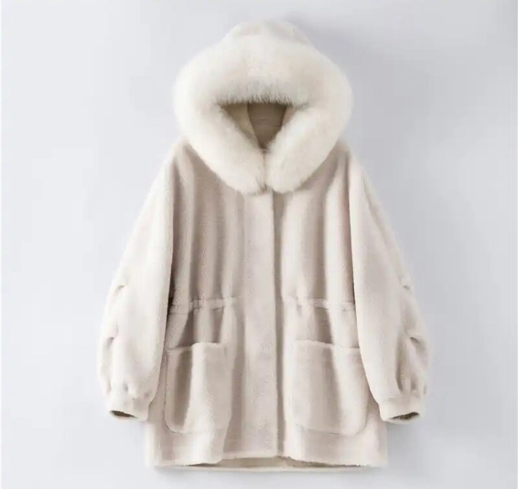 Hooded Shearling and Fox Fur Coat with Cinched Waist