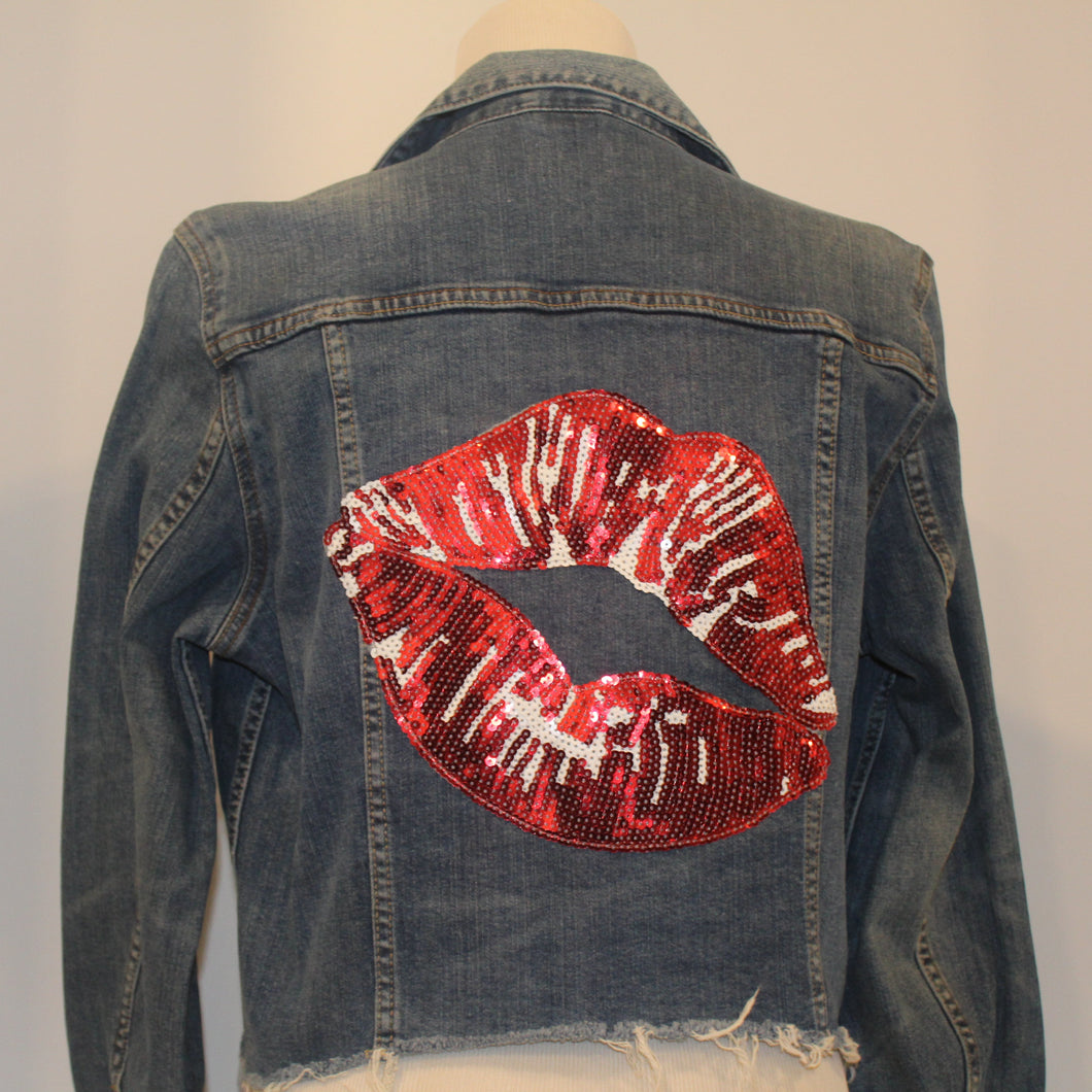 Distressed Denim Jacket with Red Sequined Lip