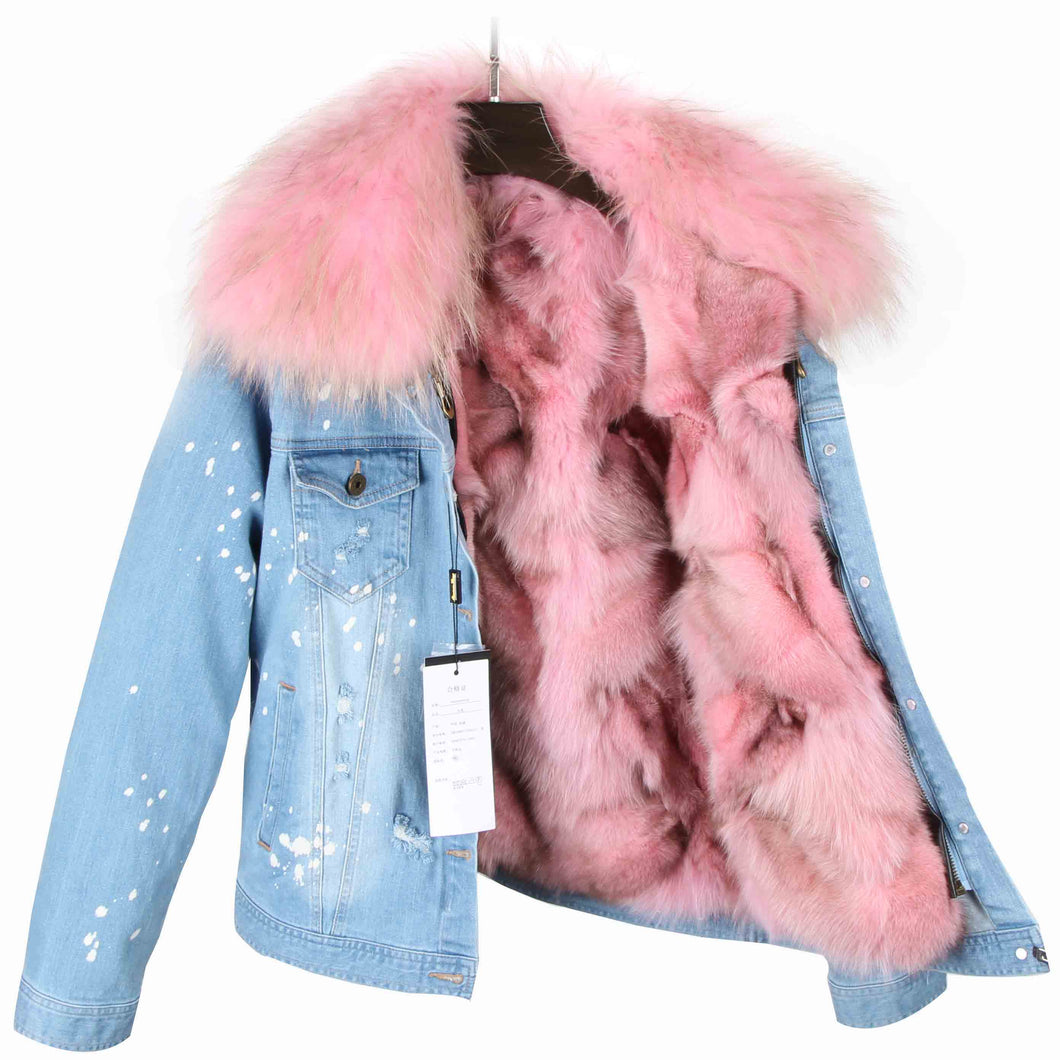 Distressed Denim Jacket with Light Pink Fur Collar and Lining
