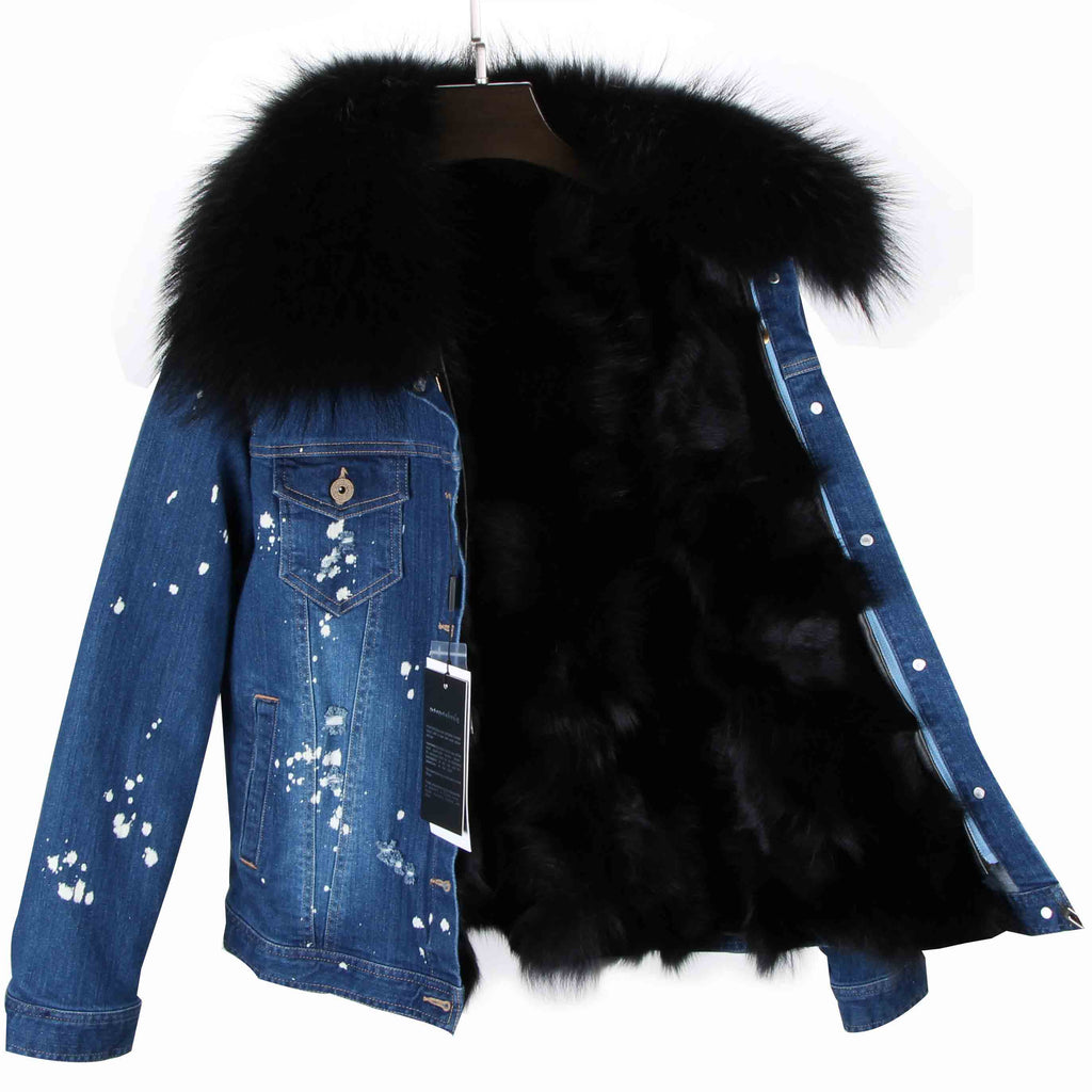 Distressed Dark Denim Jacket with Black Fur Lining and Collar