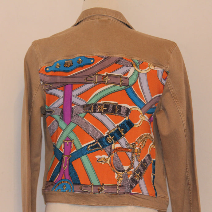 Tan Denim Jacket with Colorful Scarf