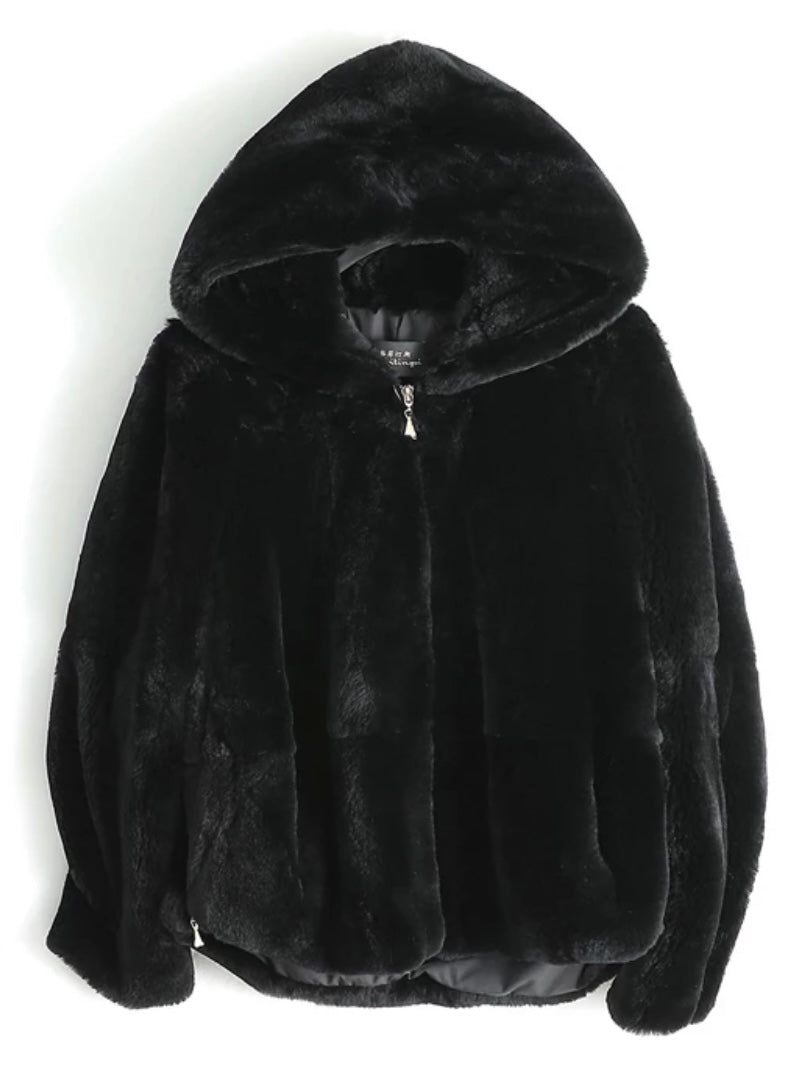 Women Real Rex Rabbit Fur Coat Hooded Jackets Belted Warm Slim Outerwear  Gift