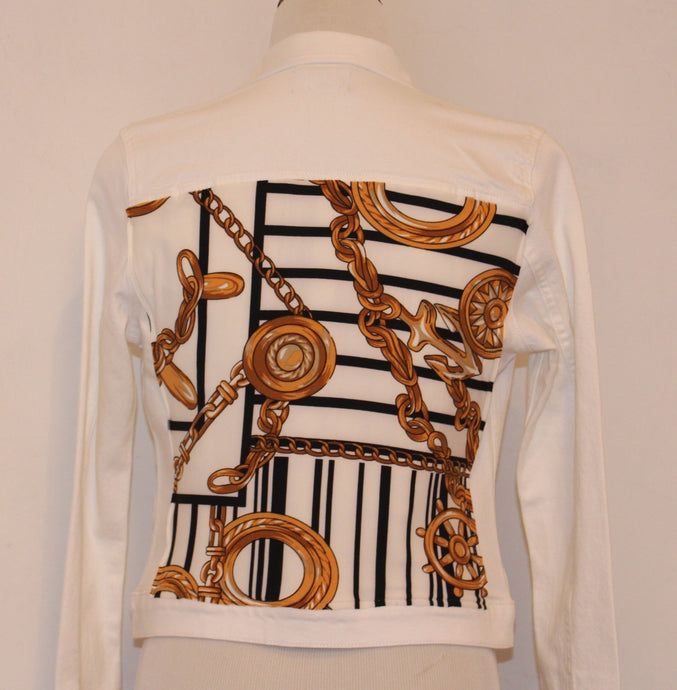 White Denim Jacket with Black and Gold Nautical Scarf