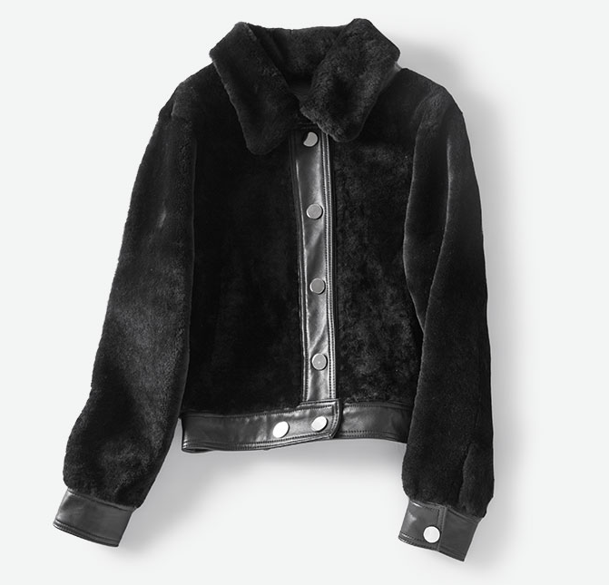 Women's Leather and Shearling Bomber Jacket in Black