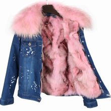 Distressed Dark Denim Jacket with Light Pink Fur Lining and Collar