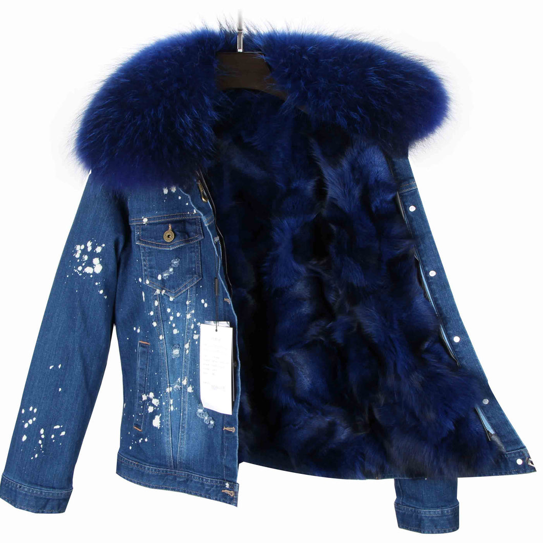 Distressed Dark Denim Jacket with Royal Blue Fur Lining and Collar