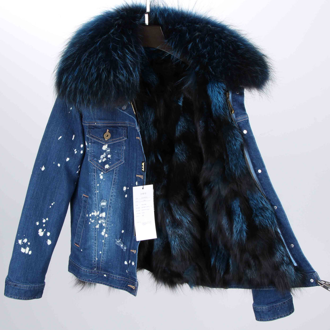 Distressed Dark Denim Jacket with Teal Fur Lining and Collar