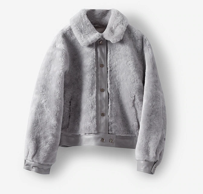 Women's Leather and Shearling Bomber Jacket in Gray
