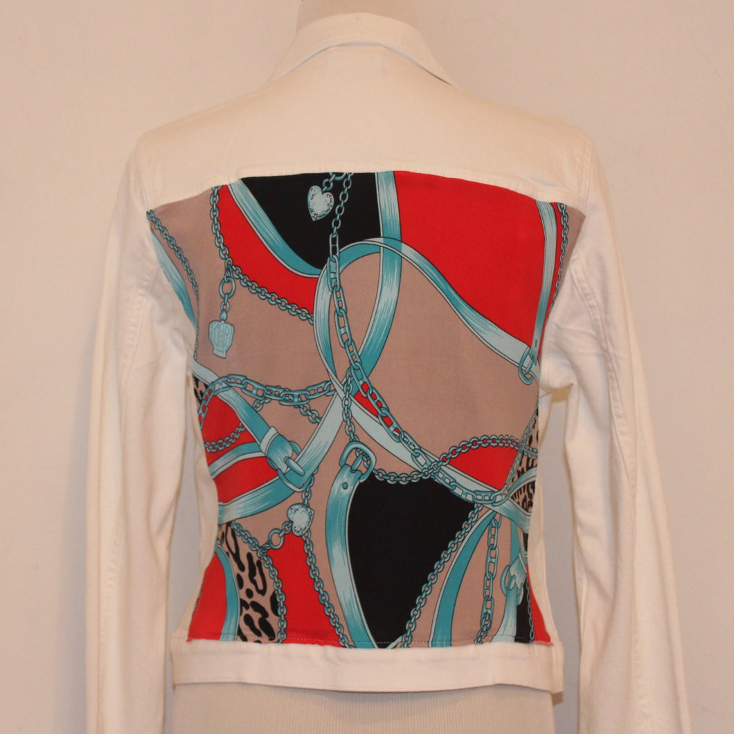 White Denim Jacket with Turquoise and Red Scarf