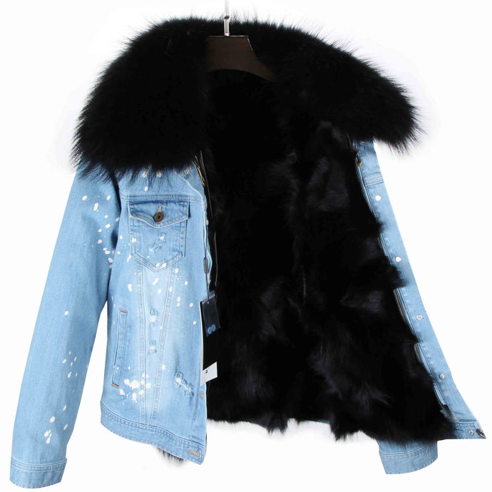 Distressed Denim Jacket with Black Fur Lining and Collar