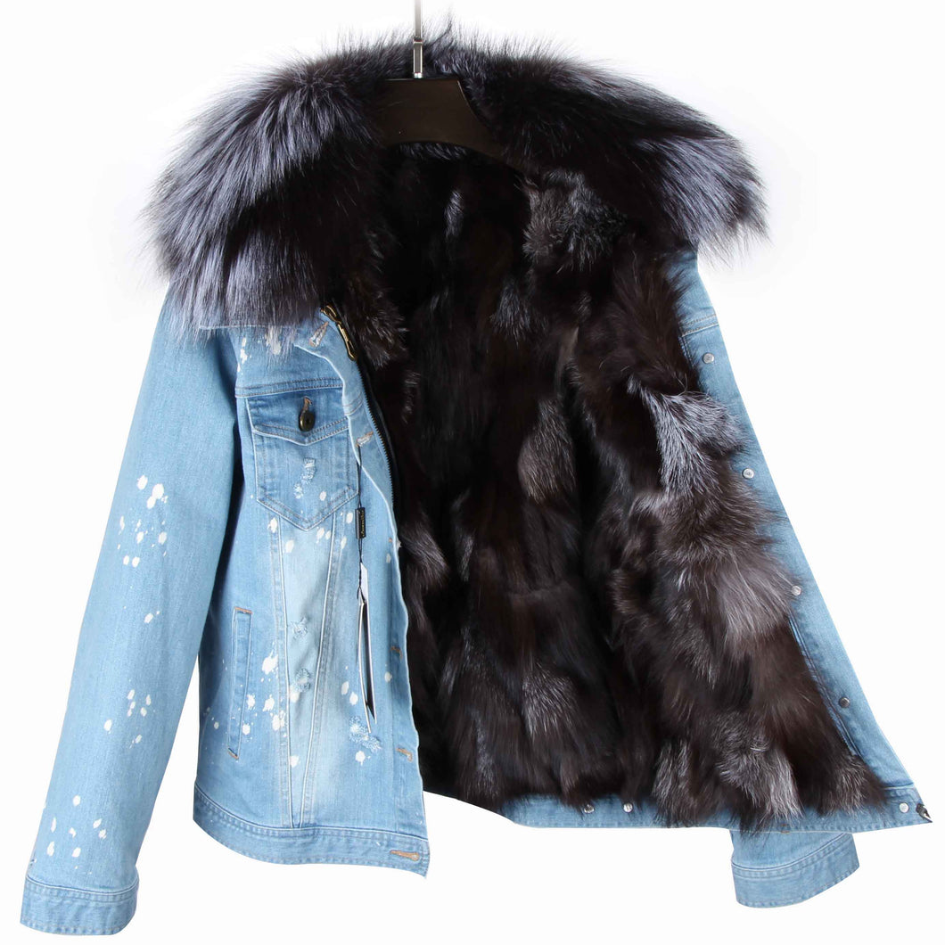 Distressed Denim Jacket with Gray Fur Lining and Collar