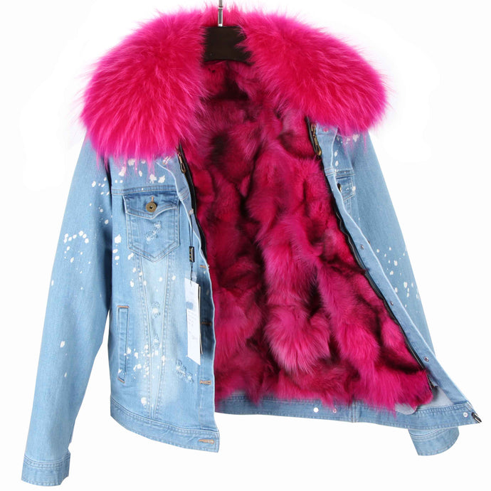 Distressed Denim Jacket with Hot Pink Fur Lining and Collar
