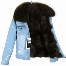 Distressed Denim Jacket with Hunter Green Fur Lining and Collar