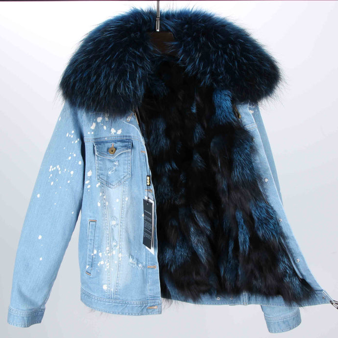Distressed Denim Jacket with Teal Fur Lining and Collar