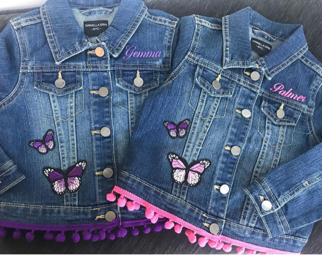 Girl's Personalized Denim Jacket with Pom Pom Trim and Butterflies