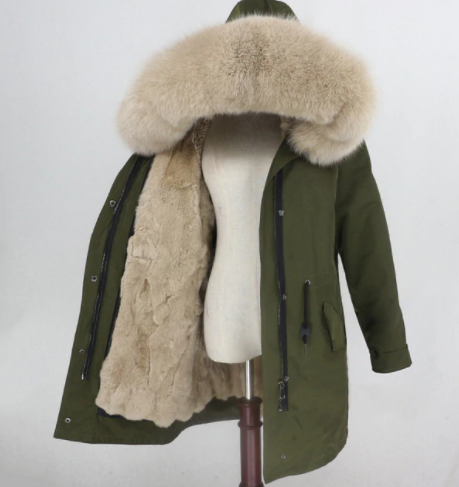 Women s Fur Lined Waterproof Long Parka in Army Green