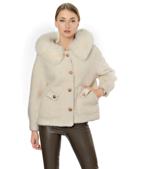 Women's Shearling and Fox Fur Hooded Jacket with Gold Button
