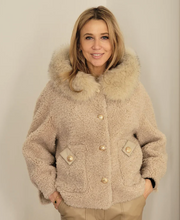 Women’s Shearling and Fox Fur Hooded Jacket with Gold Button Detail
