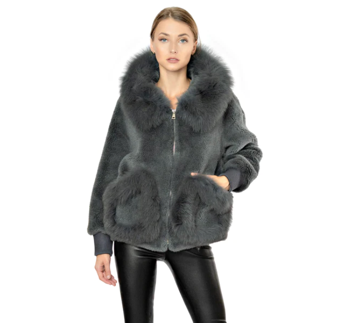 Women's Shearling and Fox Fur Hooded Teddy Coat