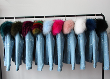 Distressed Denim Jacket with Light Pink Fur Collar and Lining