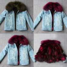 Distressed Denim Jacket with Maroon Fur Lining and Collar