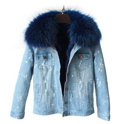 Blue jacket with fur best sale collar