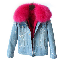 Distressed Denim Jacket with Hot Pink Fur Lining and Collar