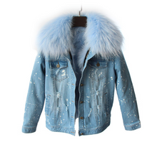 Distressed Denim Jacket with Light Blue Fur Collar and Lining