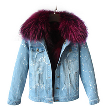 Distressed Denim Jacket with Maroon Fur Lining and Collar