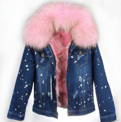 Distressed Dark Denim Jacket with Light Pink Fur Lining and Collar